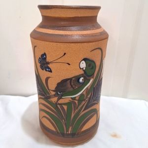 Vintage Tacat Hand Painted Folk Art Mexican Sandstone           9.5" Vase